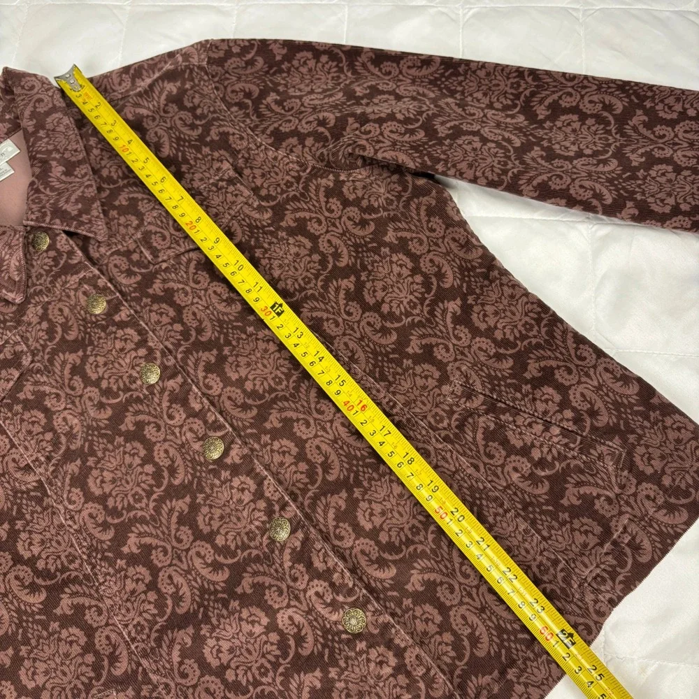 Dressbarn Corduroy Jacket Womens XL Brown Damask Print Snap Button Shacket‎